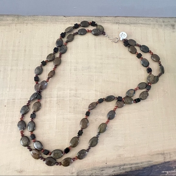 Whimsical Turtle Jewelry - $49 SALE Handmade Layered Red Jasper Bronzite Necklace 26” Contemporary Long